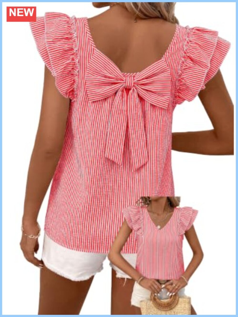 Womens VNeck Babydoll Top Ruffle Short Sleeve Bow Tie Back Blouse